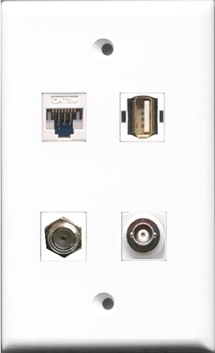 RiteAV 1 Port Coax Cable TV- F-Type and 1 Port USB A-A and 1 Port BNC and 1 Port Cat5e Ethernet White Wall Plate