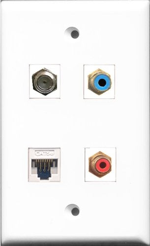 RiteAV 1 Port RCA Red and 1 Port RCA Blue and 1 Port Coax Cable TV- F-Type and 1 Port Cat5e Ethernet White Wall Plate