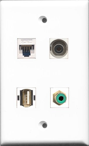 RiteAV - 1 Port RCA Green and 1 Port USB A-A and 1 Port 3.5mm and 1 Port Cat5e Ethernet White Wall Plate