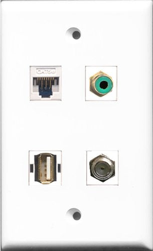 RiteAV 1 Port RCA Green and 1 Port Coax Cable TV- F-Type and 1 Port USB A-A and 1 Port Cat5e Ethernet White Wall Plate