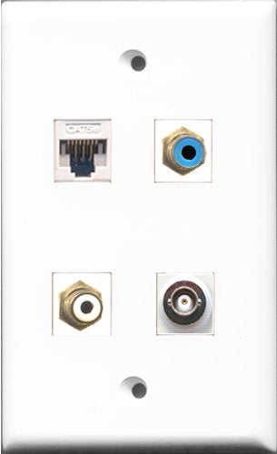 RiteAV 1 Port RCA White and 1 Port RCA Blue and 1 Port BNC and 1 Port Cat5e Ethernet White Wall Plate