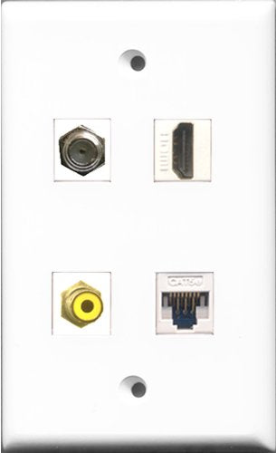 RiteAV 1 Port HDMI and 1 Port RCA Yellow and 1 Port Coax Cable TV- F-Type and 1 Port Cat5e Ethernet White Wall Plate