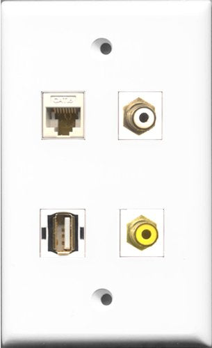 RiteAV 1 Port RCA White and 1 Port RCA Yellow and 1 Port USB A-A and 1 Port Cat6 Ethernet White Wall Plate