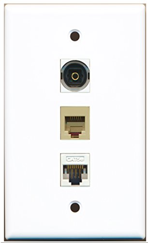 RiteAV - 1 Port Phone RJ11 RJ12 Beige and 1 Port Toslink and 1 Port Cat5e Ethernet White Wall Plate