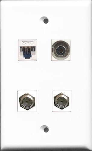 RiteAV - 2 Port Coax Cable TV- F-Type and 1 Port 3.5mm and 1 Port Cat5e Ethernet White Wall Plate