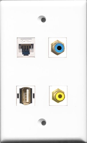RiteAV 1 Port RCA Yellow and 1 Port RCA Blue and 1 Port USB A-A and 1 Port Cat5e Ethernet White Wall Plate