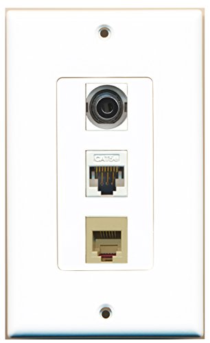 RiteAV - 1 Port Phone RJ11 RJ12 Beige and 1 Port 3.5mm and 1 Port Cat5e Ethernet White Decorative Wall Plate