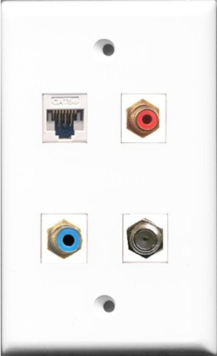 RiteAV 1 Port RCA Red and 1 Port RCA Blue and 1 Port Coax Cable TV- F-Type and 1 Port Cat5e Ethernet White Wall Plate