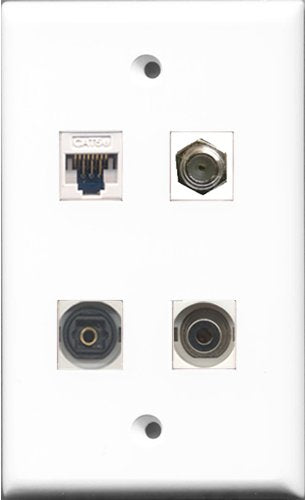RiteAV - 1 Port Coax Cable TV- F-Type and 1 Port Toslink and 1 Port 3.5mm and 1 Port Cat5e Ethernet White Wall Plate