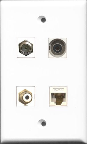 RiteAV 1 Port RCA White and 1 Port Coax Cable TV- F-Type and 1 Port 3.5mm and 1 Port Cat6 Ethernet White Wall Plate