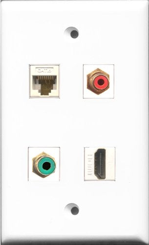 RiteAV 1 Port HDMI and 1 Port RCA Red and 1 Port RCA Green and 1 Port Cat6 Ethernet White Wall Plate