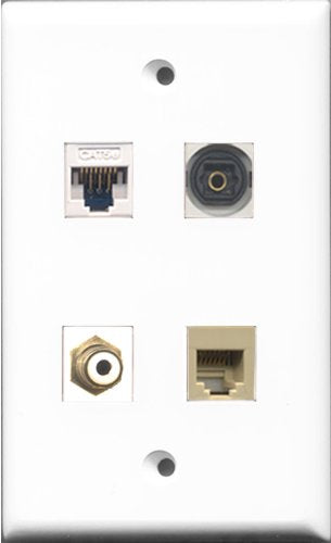 RiteAV 1 Port RCA White and 1 Port Phone RJ11 RJ12 Beige and 1 Port Toslink and 1 Port Cat5e Ethernet White Wall Plate