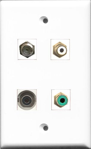 RiteAV 1 Port RCA White and 1 Port RCA Green and 1 Port Coax Cable TV- F-Type and 1 Port 3.5mm Wall Plate