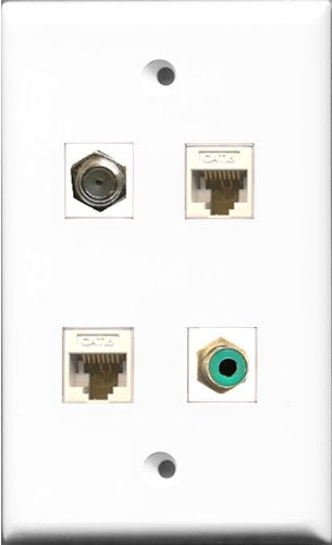 RiteAV 1 Port RCA Green and 1 Port Coax Cable TV- F-Type 2 Port Cat6 Ethernet White Wall Plate