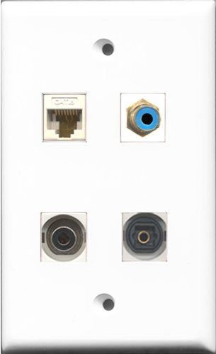 RiteAV 1 Port RCA Blue and 1 Port Toslink and 1 Port 3.5mm and 1 Port Cat6 Ethernet White Wall Plate