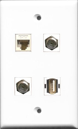 RiteAV - 2 Port Coax Cable TV- F-Type and 1 Port USB A-A and 1 Port Cat6 Ethernet White Wall Plate