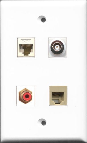 RiteAV 1 Port RCA Red and 1 Port Phone RJ11 RJ12 Beige and 1 Port BNC and 1 Port Cat6 Ethernet White Wall Plate