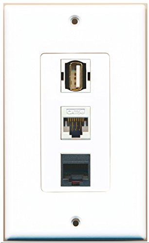 RiteAV - 1 Port USB A-A and 1 Port Phone RJ11 RJ12 Black and 1 Port Cat5e Ethernet White Decorative Wall Plate