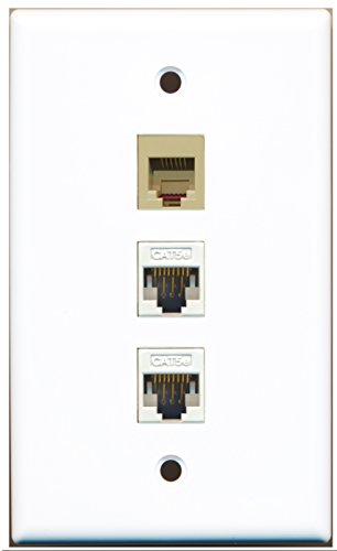 RiteAV - 1 Port Phone RJ11 RJ12 Beige 2 Port Cat5e Ethernet White Wall Plate