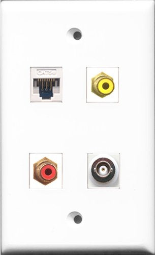 RiteAV 1 Port RCA Red and 1 Port RCA Yellow and 1 Port BNC and 1 Port Cat5e Ethernet White Wall Plate