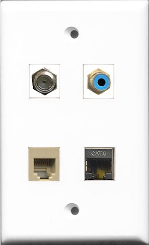 RiteAV 1 Port RCA Blue and 1 Port Coax Cable TV- F-Type and 1 Port Phone RJ11 RJ12 Beige and 1 Port Shielded Cat6 Ethernet Wall Plate