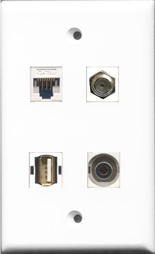 RiteAV - 1 Port Coax Cable TV- F-Type and 1 Port USB A-A and 1 Port 3.5mm and 1 Port Cat5e Ethernet White Wall Plate