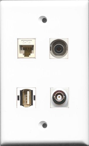 RiteAV 1 Port USB A-A and 1 Port 3.5mm and 1 Port BNC and 1 Port Cat6 Ethernet White Wall Plate