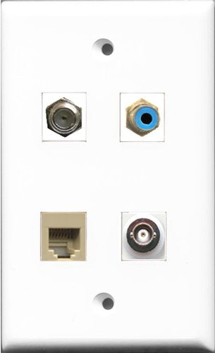 RiteAV 1 Port RCA Blue and 1 Port Coax Cable TV- F-Type and 1 Port Phone RJ11 RJ12 Beige and 1 Port BNC Wall Plate