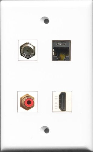 RiteAV 1 Port HDMI and 1 Port RCA Red and 1 Port Coax Cable TV- F-Type and 1 Port Shielded Cat6 Ethernet Wall Plate