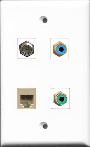 RiteAV 1 Port RCA Green and 1 Port RCA Blue and 1 Port Coax Cable TV- F-Type and 1 Port Phone RJ11 RJ12 Beige Wall Plate