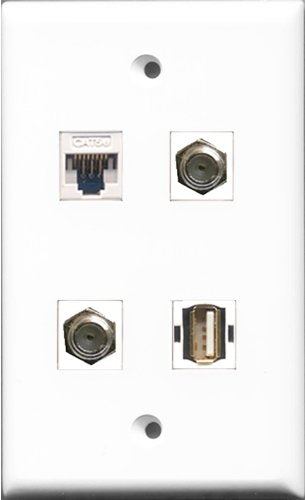 RiteAV - 2 Port Coax Cable TV- F-Type and 1 Port USB A-A and 1 Port Cat5e Ethernet White Wall Plate