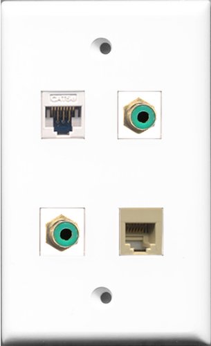 RiteAV - 2 Port RCA Green and 1 Port Phone RJ11 RJ12 Beige and 1 Port Cat5e Ethernet White Wall Plate