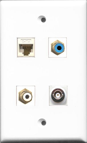 RiteAV 1 Port RCA White and 1 Port RCA Blue and 1 Port BNC and 1 Port Cat6 Ethernet White Wall Plate