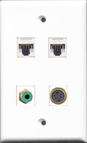 RiteAV - 1 Port RCA Green and 1 Port S-Video 2 Port Cat5e Ethernet White Wall Plate