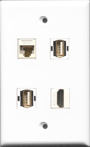 RiteAV 1 Port HDMI 2 Port USB A-A and 1 Port Cat6 Ethernet White Wall Plate
