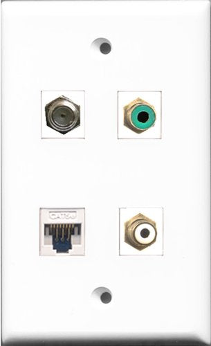 RiteAV 1 Port RCA White and 1 Port RCA Green and 1 Port Coax Cable TV- F-Type and 1 Port Cat5e Ethernet White Wall Plate