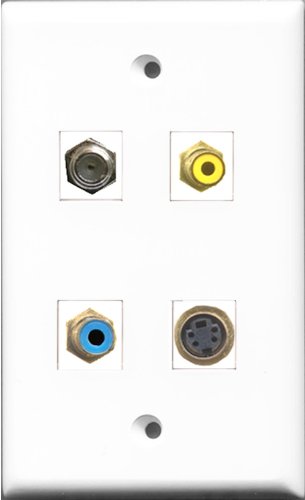 RiteAV 1 Port RCA Yellow and 1 Port RCA Blue and 1 Port Coax Cable TV- F-Type and 1 Port S-Video Wall Plate