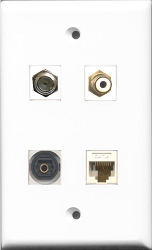 RiteAV 1 Port RCA White and 1 Port Coax Cable TV- F-Type and 1 Port Toslink and 1 Port Cat6 Ethernet White Wall Plate