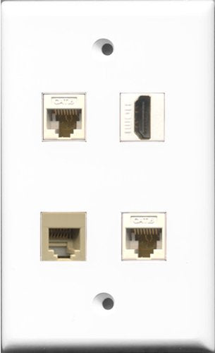 RiteAV 1 Port HDMI and 1 Port Phone RJ11 RJ12 Beige 2 Port Cat6 Ethernet White Wall Plate