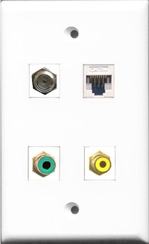 RiteAV 1 Port RCA Yellow and 1 Port RCA Green and 1 Port Coax Cable TV- F-Type and 1 Port Cat5e Ethernet White Wall Plate