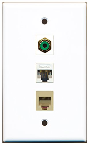 RiteAV - 1 Port RCA Green and 1 Port Phone RJ11 RJ12 Beige and 1 Port Cat5e Ethernet White Wall Plate