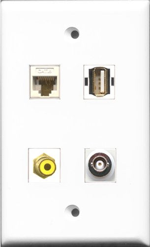 RiteAV 1 Port RCA Yellow and 1 Port USB A-A and 1 Port BNC and 1 Port Cat6 Ethernet White Wall Plate