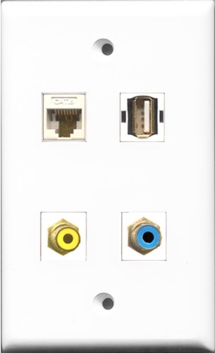 RiteAV 1 Port RCA Yellow and 1 Port RCA Blue and 1 Port USB A-A and 1 Port Cat6 Ethernet White Wall Plate