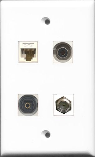 RiteAV 1 Port Coax Cable TV- F-Type and 1 Port Toslink and 1 Port 3.5mm and 1 Port Cat6 Ethernet White Wall Plate