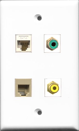 RiteAV 1 Port RCA Yellow and 1 Port RCA Green and 1 Port Phone RJ11 RJ12 Beige and 1 Port Cat6 Ethernet White Wall Plate