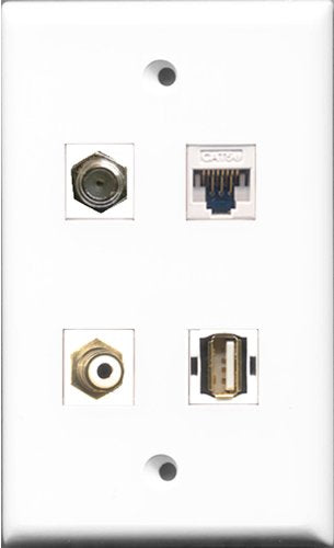 RiteAV 1 Port RCA White and 1 Port Coax Cable TV- F-Type and 1 Port USB A-A and 1 Port Cat5e Ethernet White Wall Plate