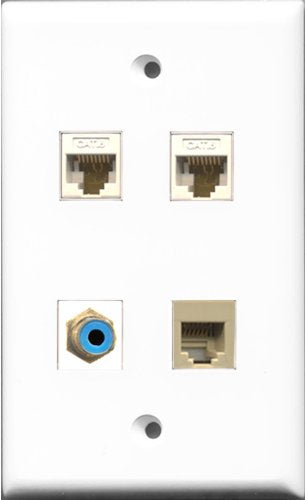 RiteAV 1 Port RCA Blue and 1 Port Phone RJ11 RJ12 Beige 2 Port Cat6 Ethernet White Wall Plate