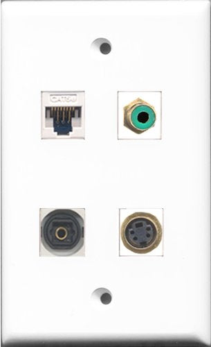 RiteAV 1 Port RCA Green and 1 Port S-Video and 1 Port Toslink and 1 Port Cat5e Ethernet White Wall Plate