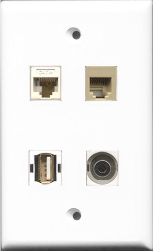 RiteAV 1 Port USB A-A and 1 Port Phone RJ11 RJ12 Beige and 1 Port 3.5mm and 1 Port Cat6 Ethernet White Wall Plate