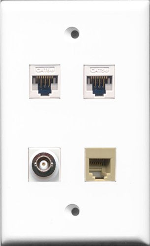 RiteAV - 1 Port Phone RJ11 RJ12 Beige and 1 Port BNC 2 Port Cat5e Ethernet White Wall Plate
